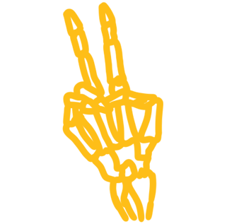 skeleton hands making peace sign