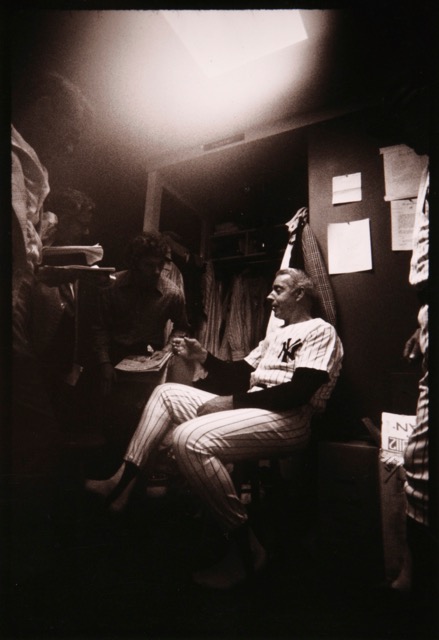 Joe Dimaggio talking to New York Times writer, Ira Berkow, at the Old-Timers' game | Yankee Stadium | 1980