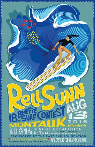 The 2016 Rell Sunn Surf Contest Benefit poster created by fabulous Montauk Artist Alison Seiffer.