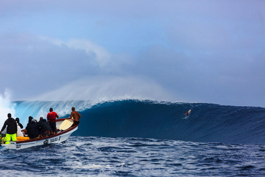 This was a few days after the contest ended. A solid swell hit Cloudbreak and produced some monster sets. There were guys paddling and towing to get into some of the larger sets.  This was Slater's boat getting ready to drop him off as a massive set came through and Anthony Walsh grabbed a GoPro shot of it. Photo: David Nilsen