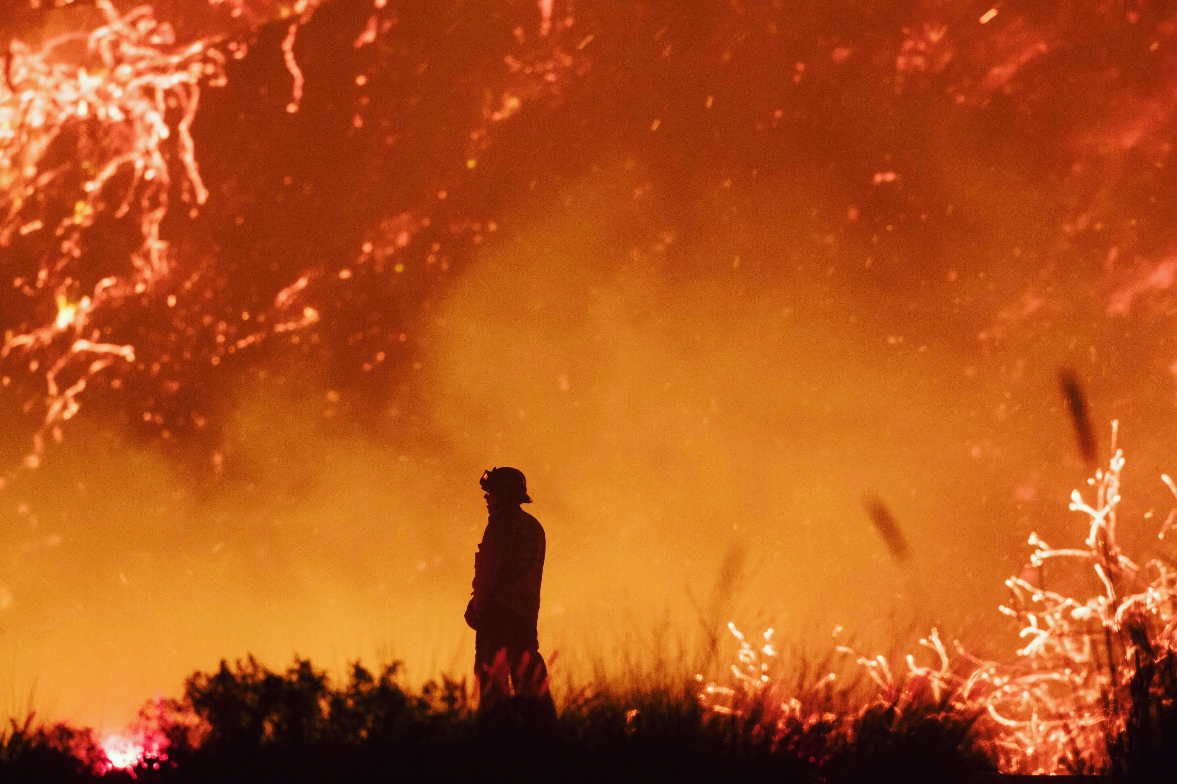 A firefighter in the midst of a firestorm during the early days of the Thomas Fire. Photo: Trent Stevens
