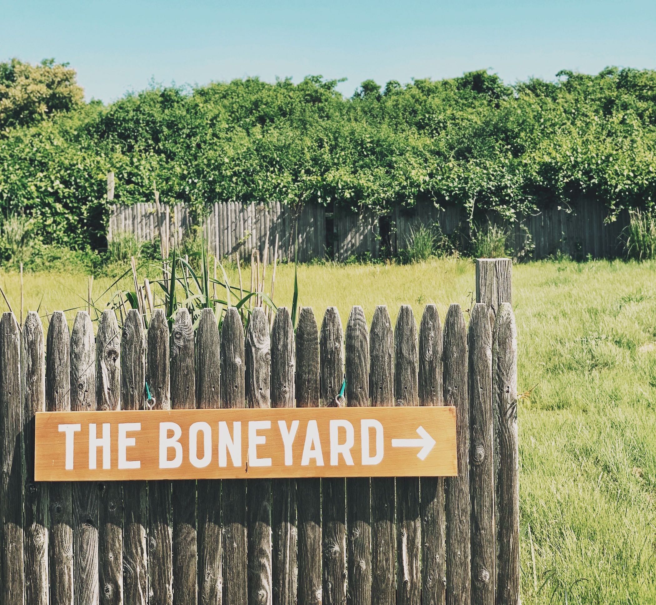 the boneyard fence with hand painted sign that says "the boneyard"