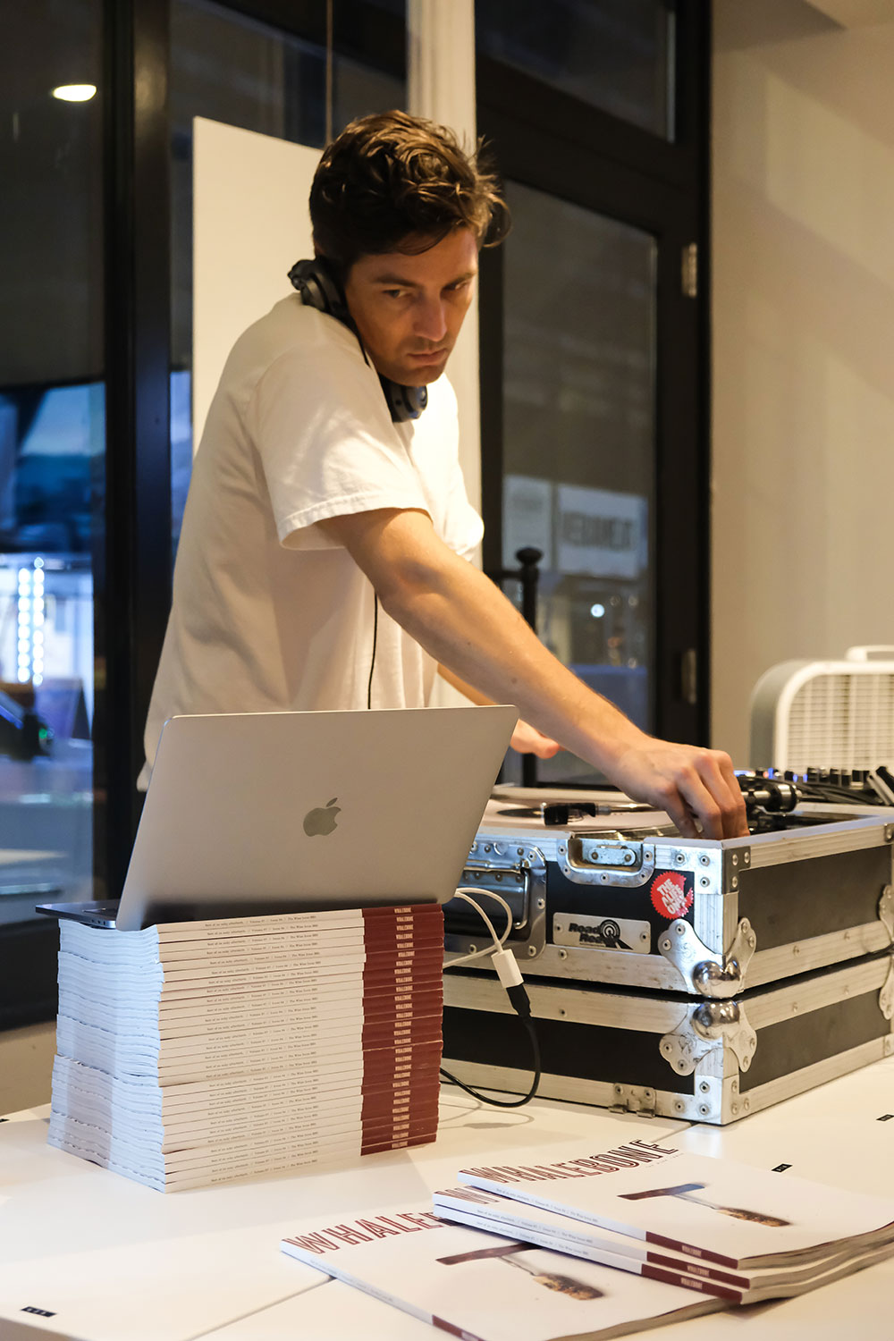 DJ William Grand sets up and works his equipment at the Whalebone Magazine Wine Issue Release Party at Whalebone on Bleecker in New York City