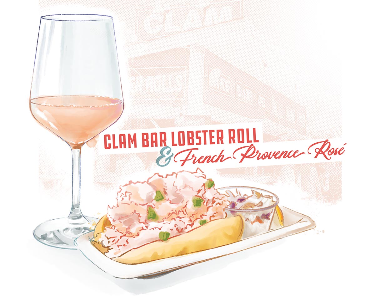 Illustration by Brittany Norris of Clam Bar Lobster Roll & French Provence Rosé