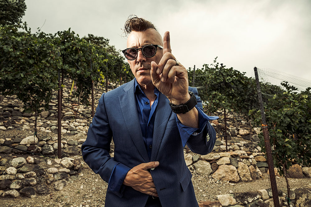 Maynard James Keenan standing outside under a cloudy sky. A hill rises behind him covered in stones and grape wines.