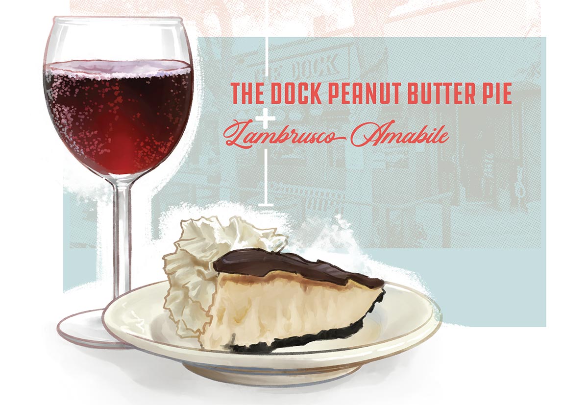 Illustration by Brittany Norris of The Dock Peanut Butter Pie + Lambrusco Amabile