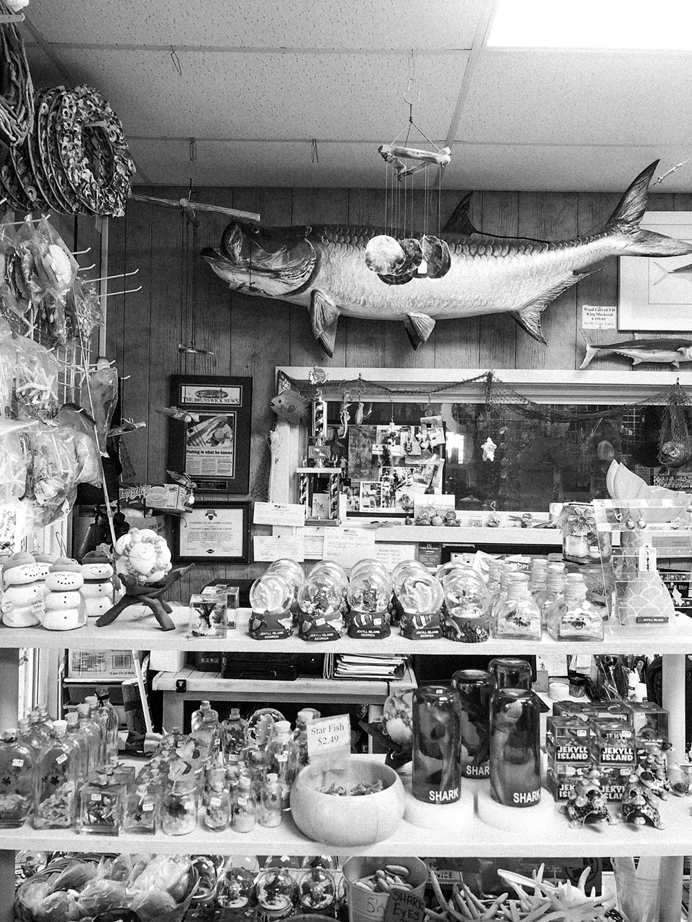 Black and white photo taken by Gunner Hughes Inside old bait shop