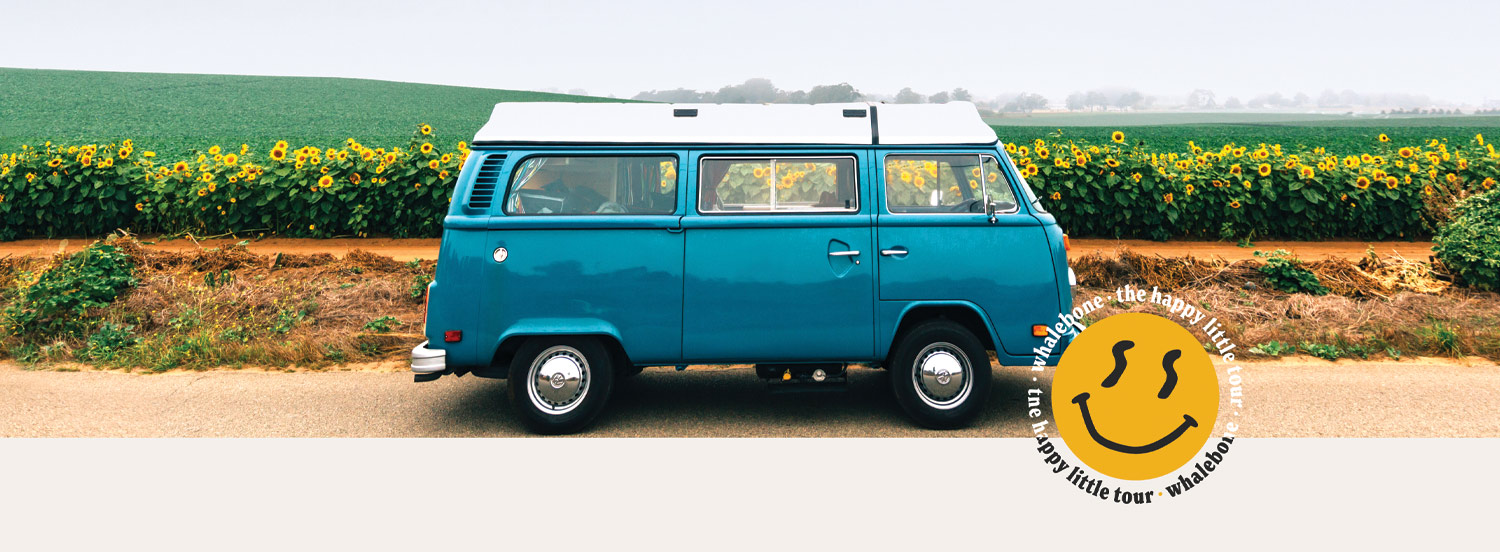 The Happy Little Tour by Whalebone Magazine. Picture of a blue vw bus in front of a field of sunflowers.