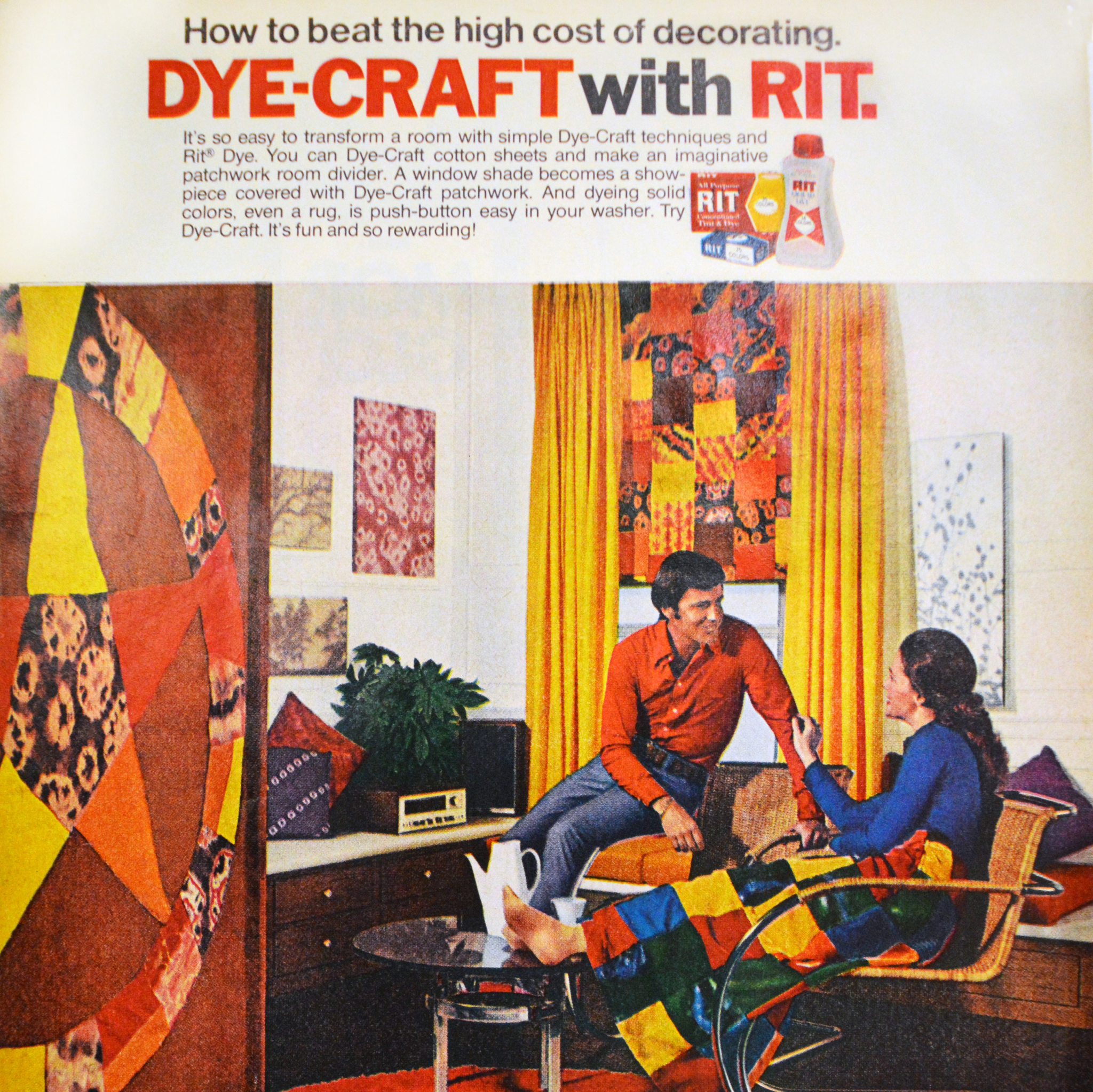 Vintage Rit ad, "Dye-Craft with Rit" living room with tie-dyed pieces.