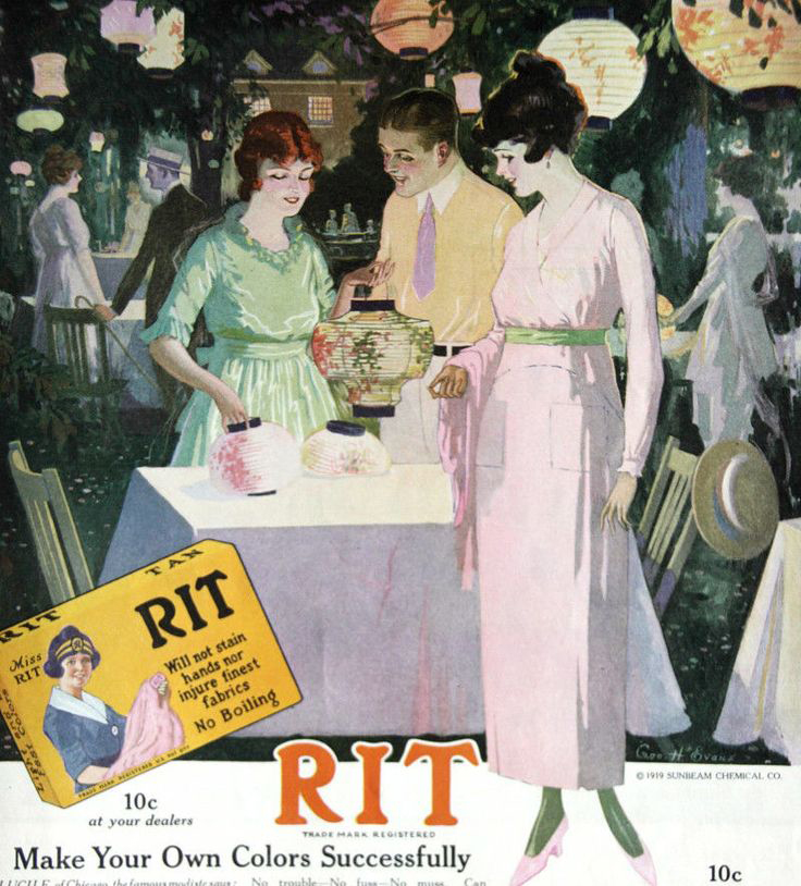 Vintage Rit ad, illustration of ladies and gentleman wearing colored fabrics.