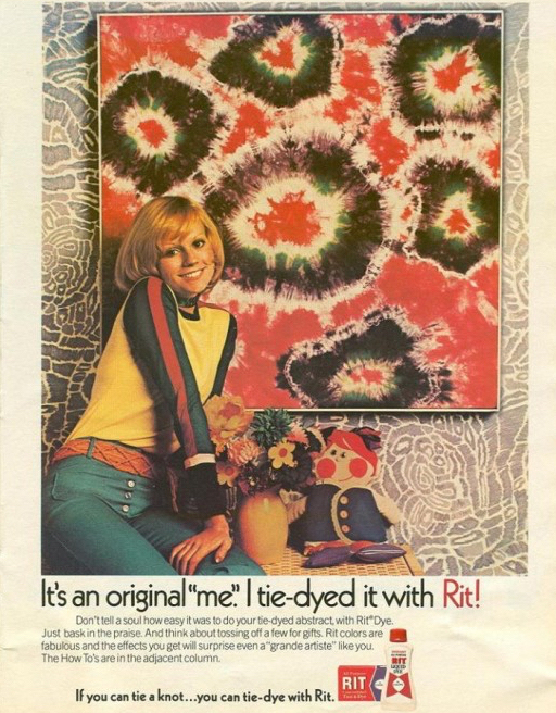 Vintage Rit ad. Girl in front of tie-dyed art print "It's an original 'me'. I tie-dyed it with Rit!"
