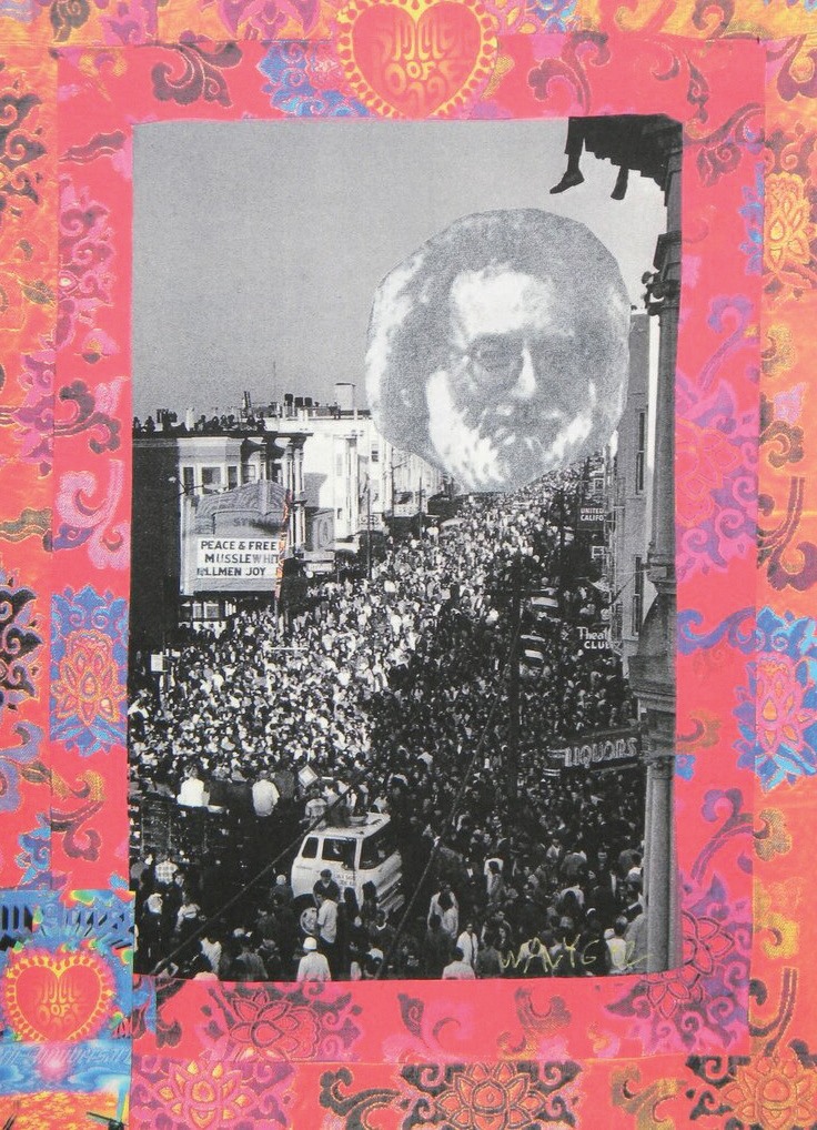Jerry Garcia with crowd of hippies psychedelic artwork.