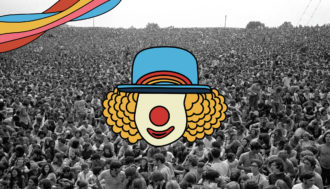 Woodstock crowd with wavy gravy clown illustration over it.
