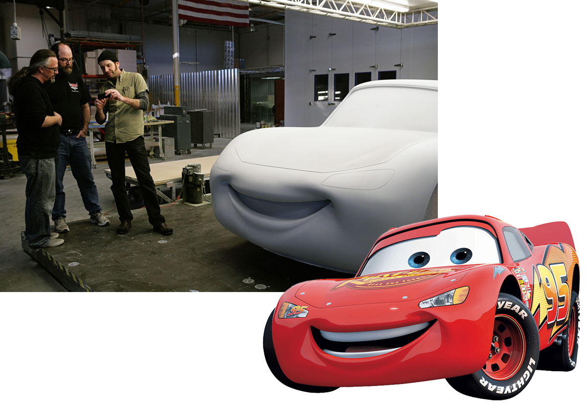 On set of Cars with blank 3d model and the final rendering of Lightning McQueen