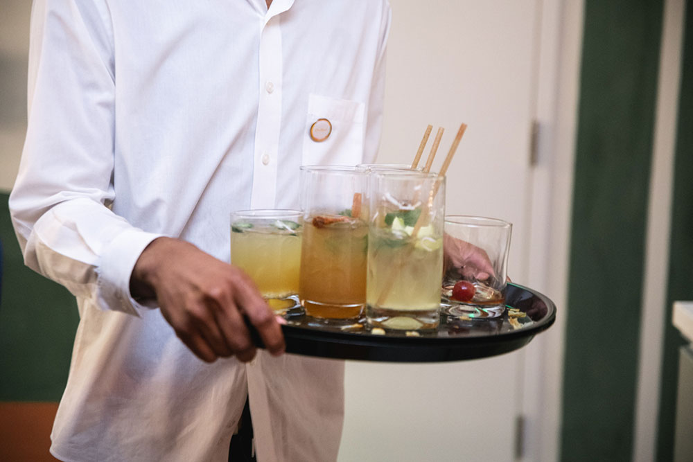 Diageo cocktails on serving tray at the K-Swiss x Whalebone Art Basel pop up event at SHOWFIELDS Miami