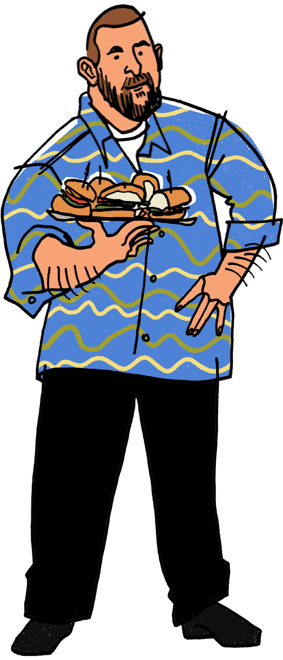Illustration by Nono Flores of craft service, a man wearing a striped blue shirt and holding a platter of subs