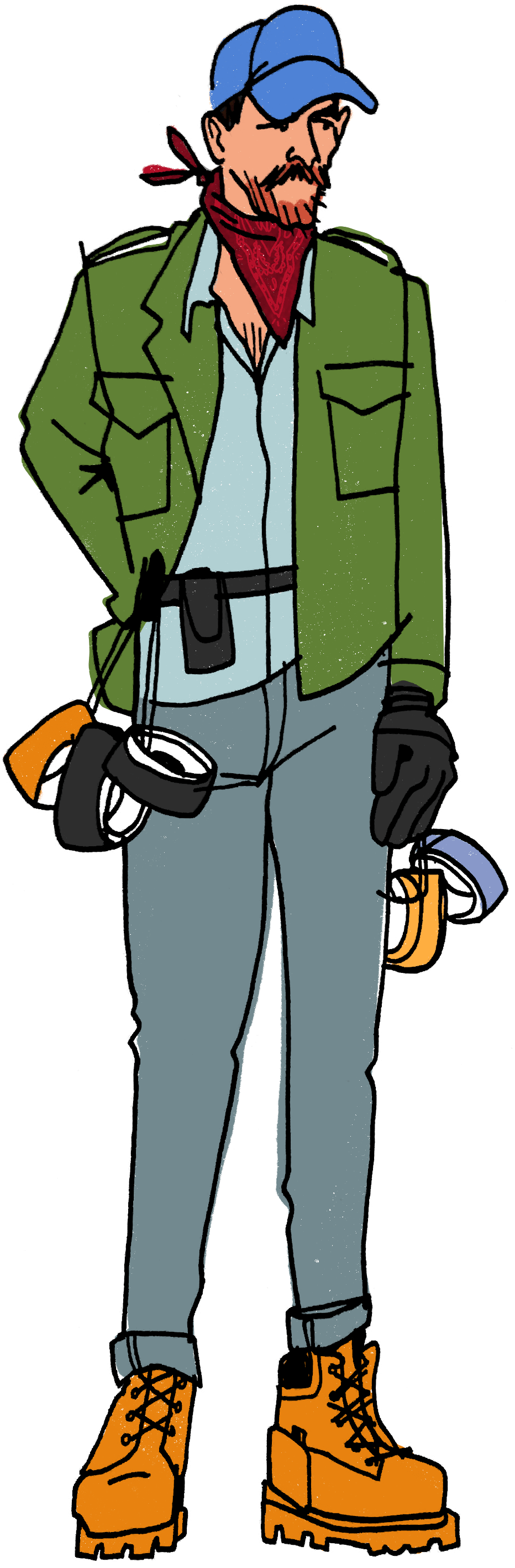 Illustration by Nono Flores of gaffer, a man wearing a blue hat, red bandana, green jacket, and black gloves.