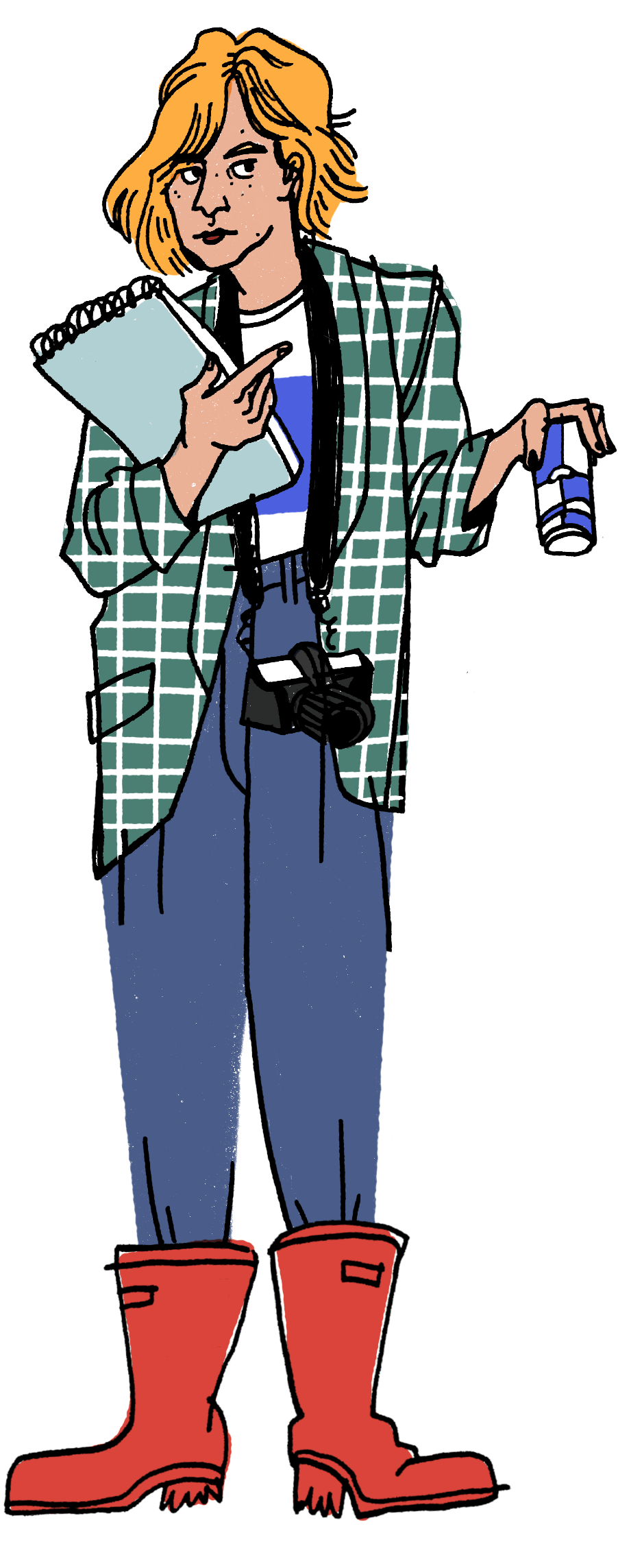 Illustration by Nono Flores of locations, a woman with blonde hair, holding a red bull, with a camera around her neck.