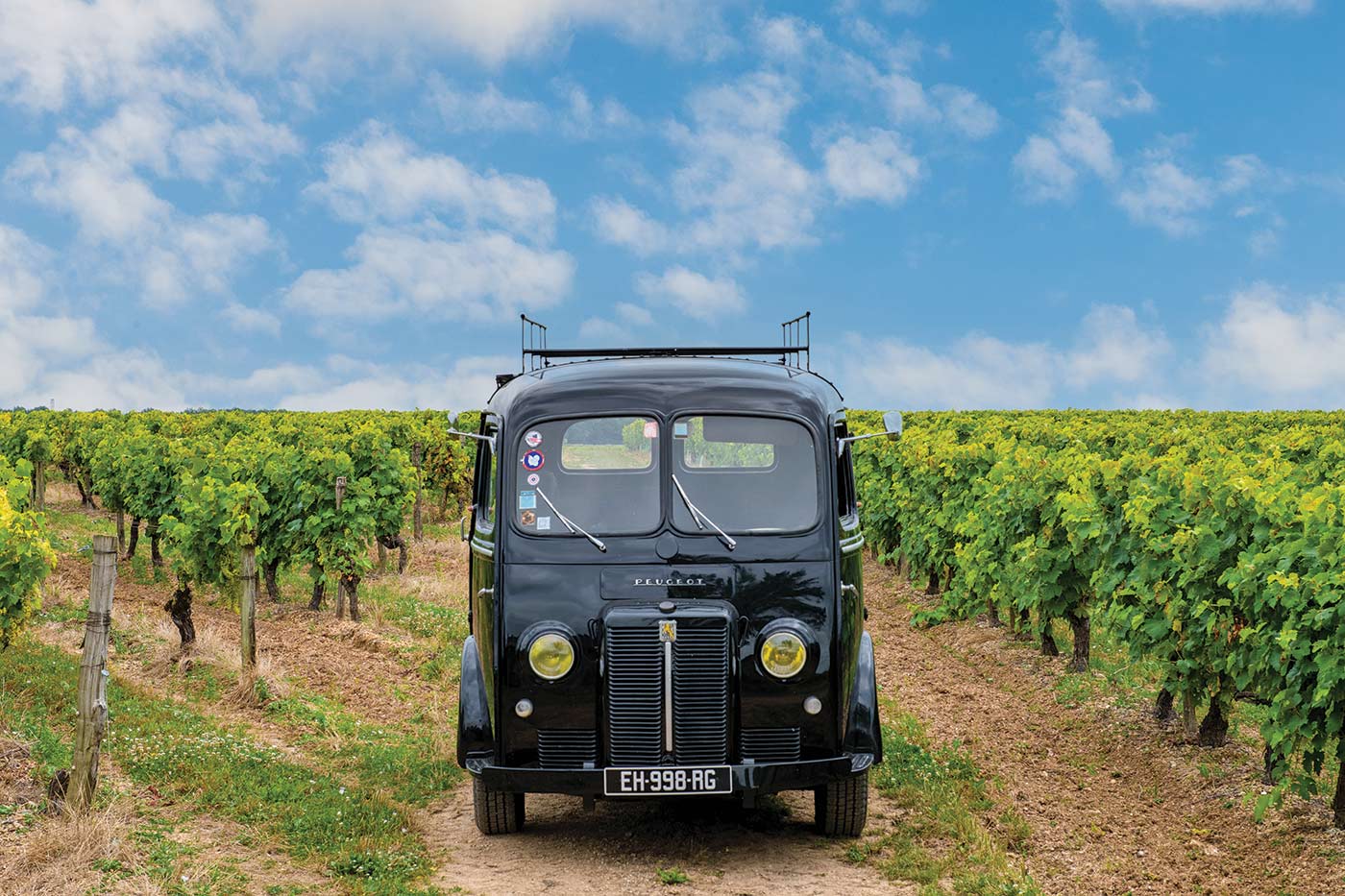 A vintage black European car sits in the middle of a bright green vineyard against a bright blue sky in Bourgoin Cognac