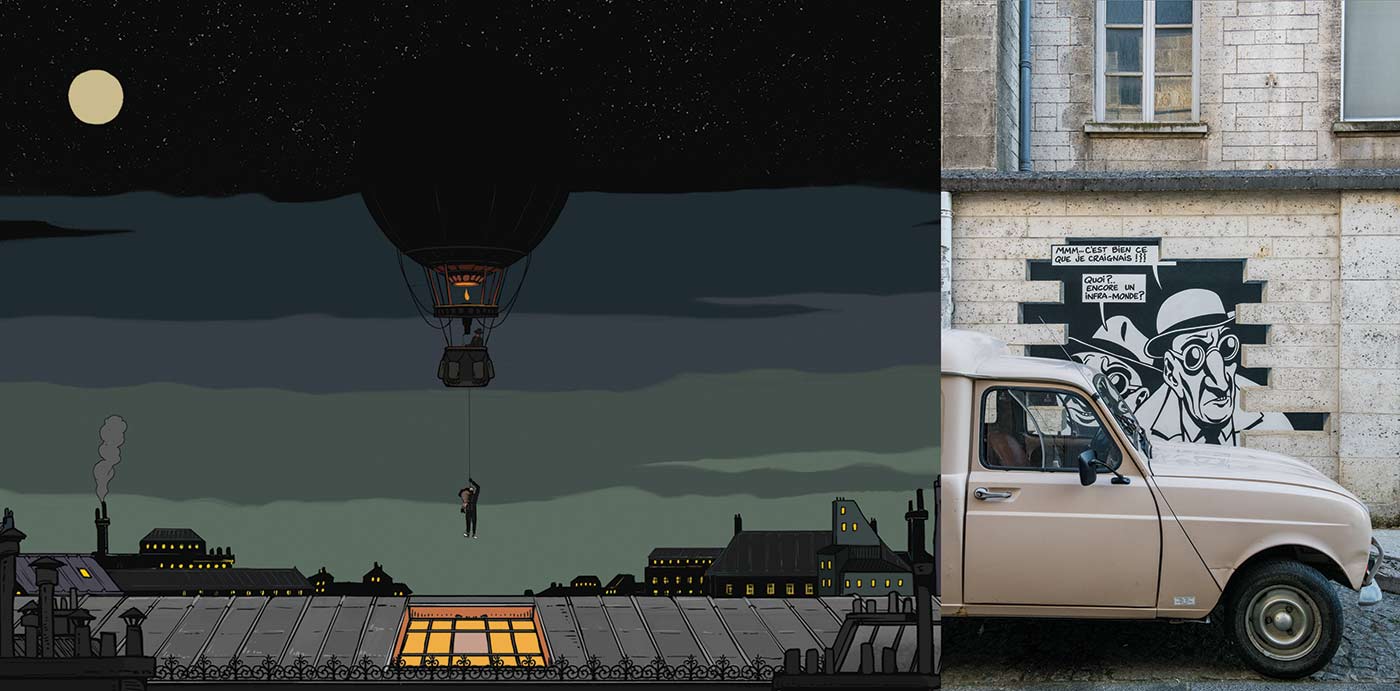 Illustration scene from the French Dispatch and outdoor street scene from the Musée de la Bande Dessinée with a tan car parked in front of a comic mural