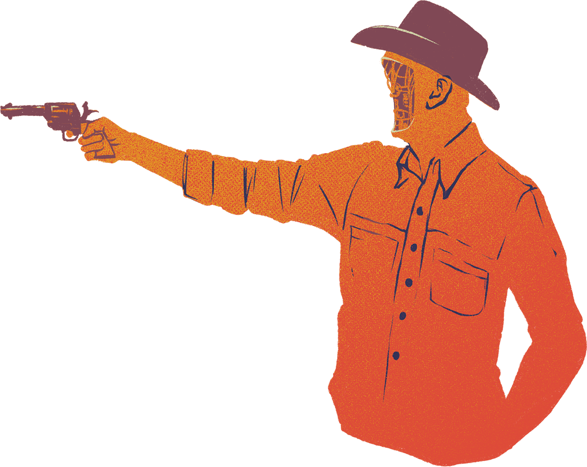illustration by brittany norris of a an android missing his face and holding a gun from westworld