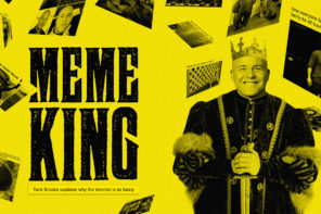 Tank Sinatra George Resch posing in king outfit with memes surrounding him