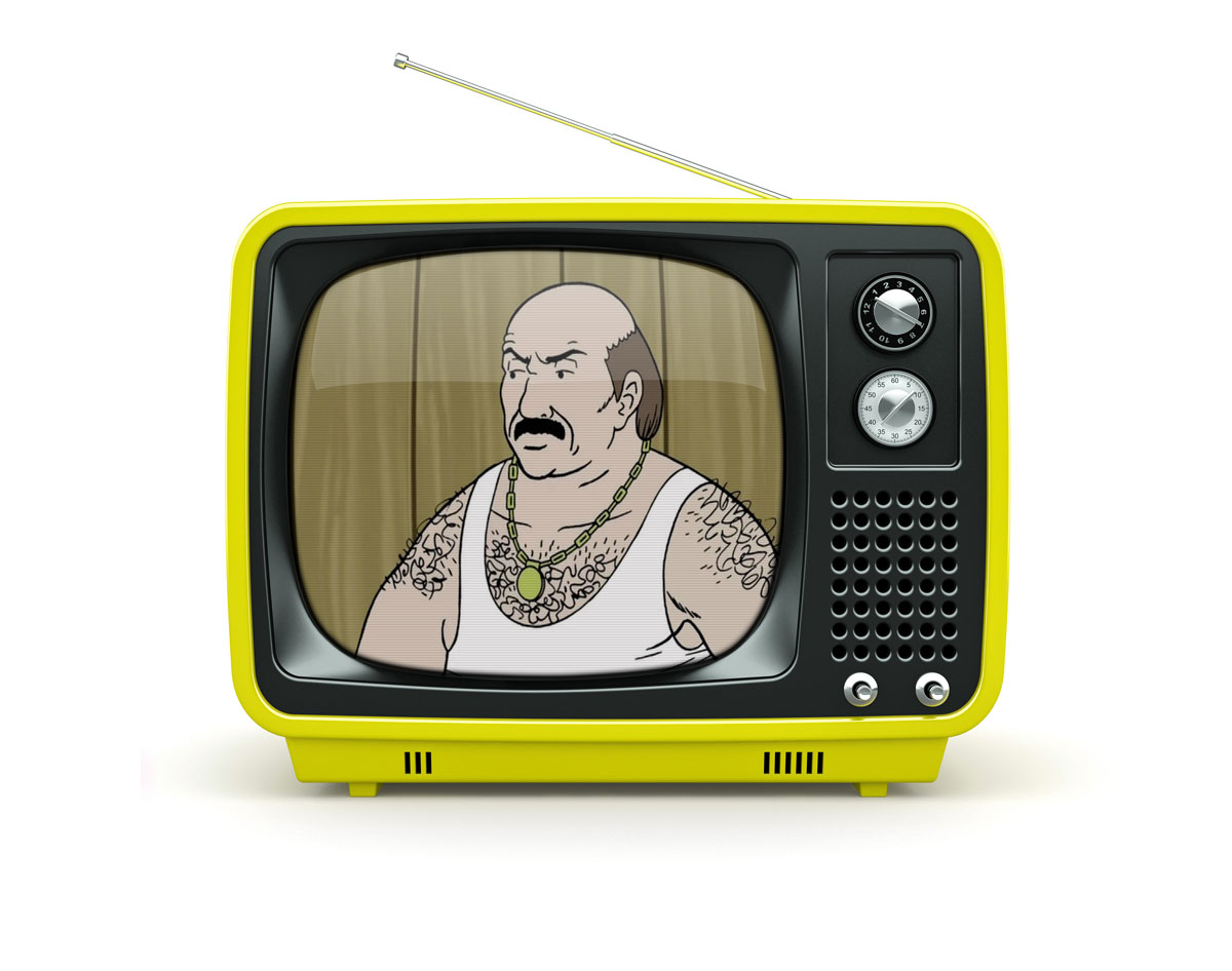 Classic television, yellow with antenna. On the screen a cartoon with Carl Brutananadilewski