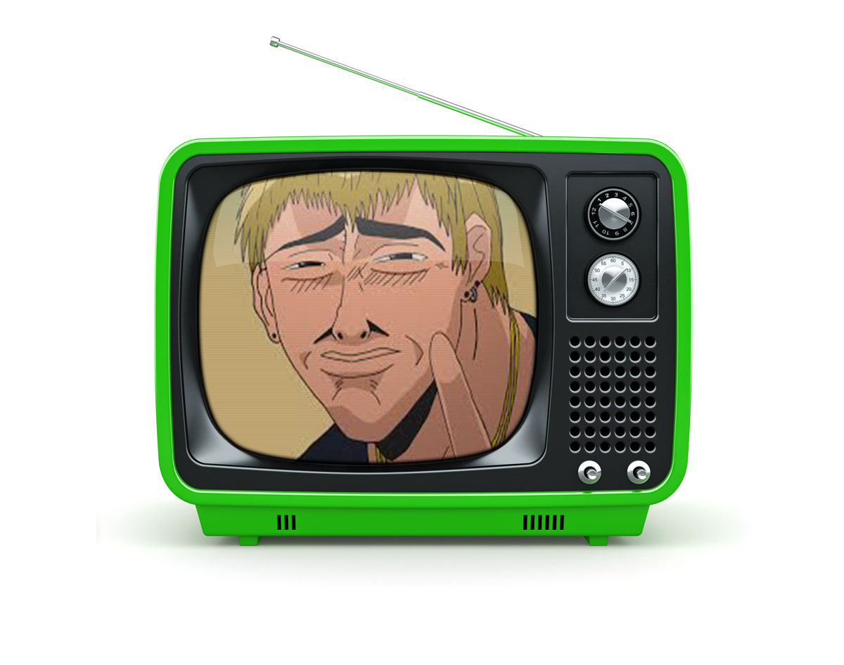 Classic television, green with antenna. On the screen a cartoon with with Eikichi Onizuka