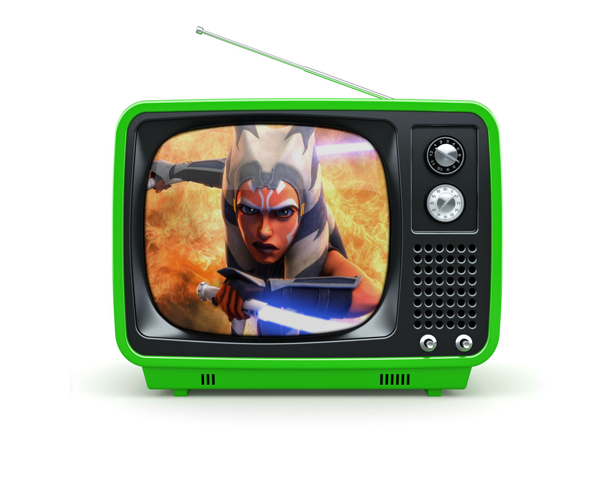 Classic television, green with antenna. On the screen a cartoon with with Ahsoka