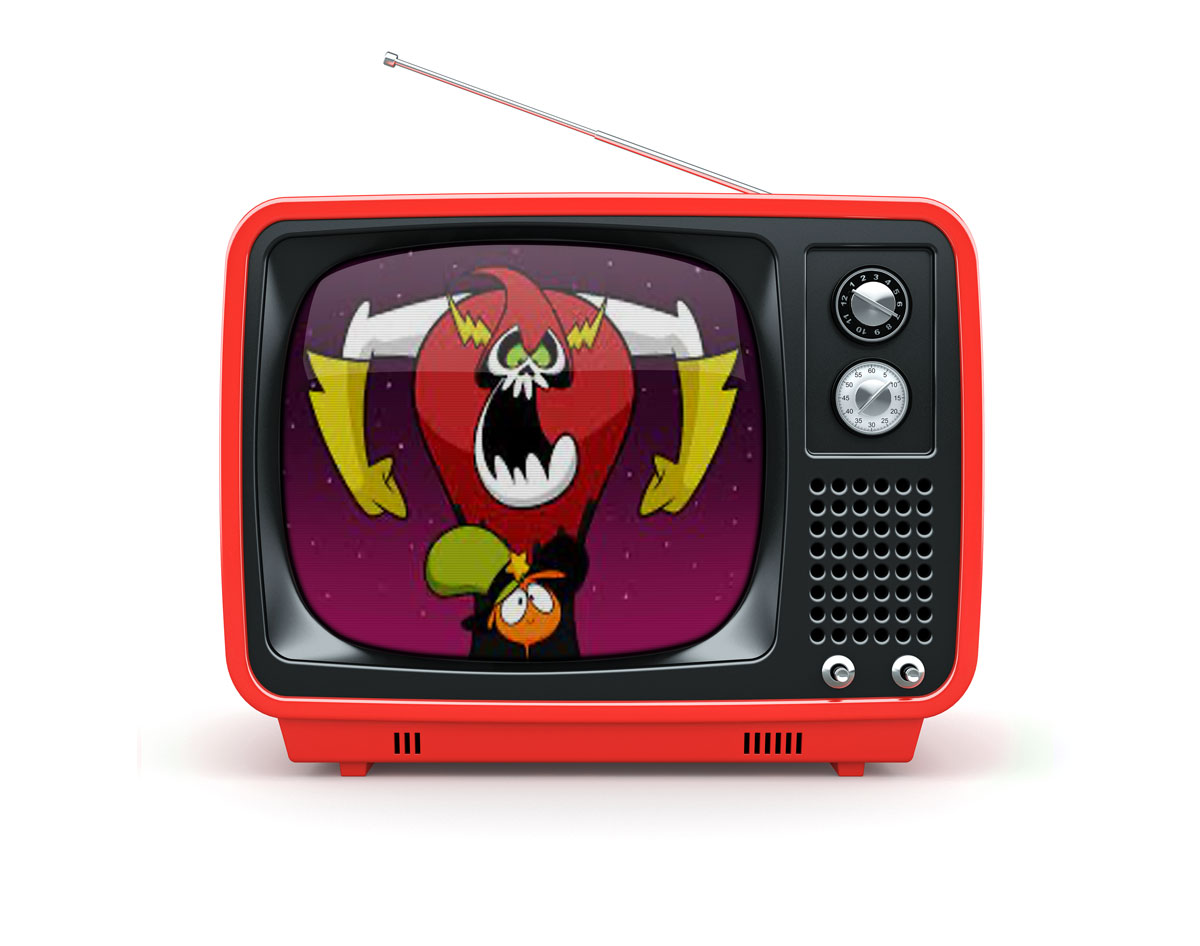 Classic television, red with antenna. On the screen a cartoon with wander/lord hater 