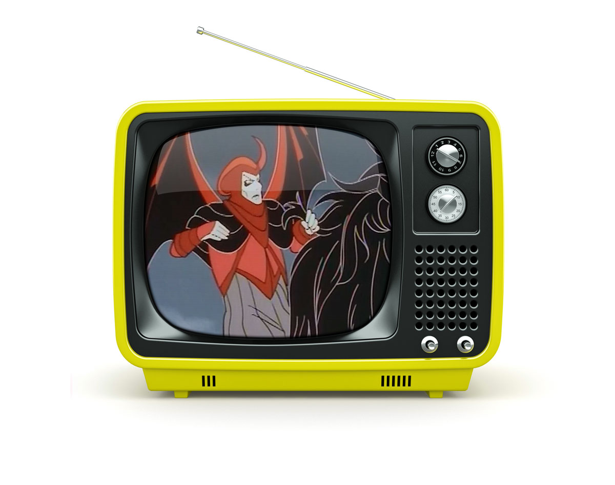 Classic television, yellow with antenna. On the screen a cartoon with venger
