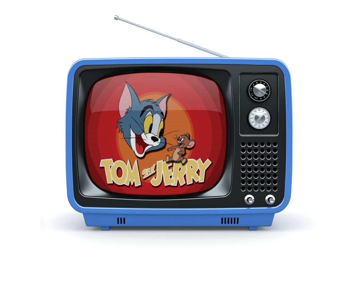 Classic television, blue with antenna. On the screen a cartoon with the opening scene to tom and jerry.
