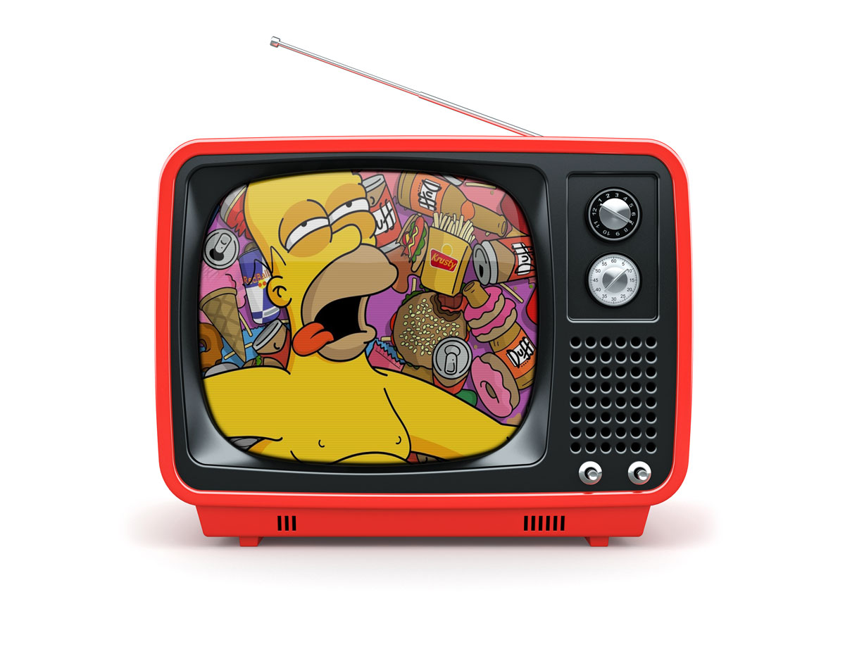 Classic television, red with antenna. On the screen a cartoon with Homer Simpson