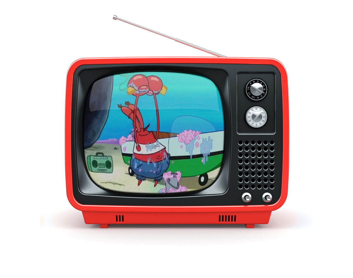 Classic television, red with antenna. On the screen a cartoon with Mr. Krabs washing his boat.