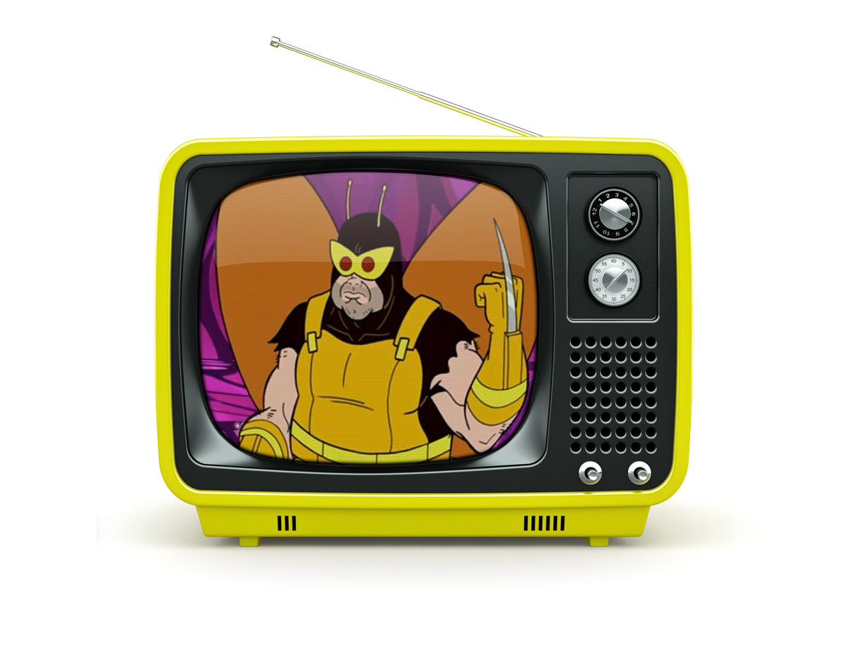 Classic television, tellow with antenna. On the screen a cartoon with henchman 21