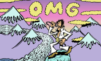 Illustration by Matt J. Adams of Elvis singing on top of a wave with clouds that spell OMG