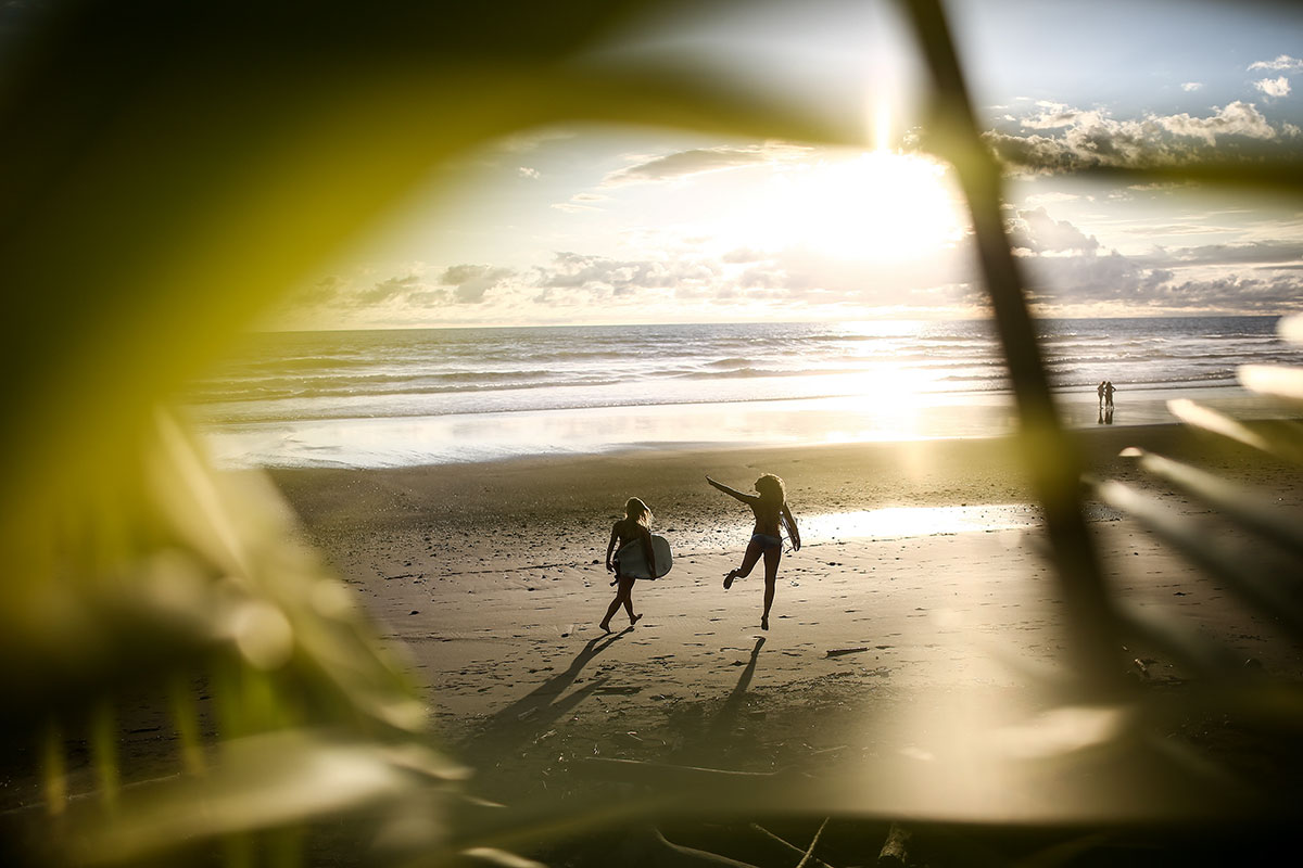 Nature of Surf Women, two women walking towards water holding surfboards on beach