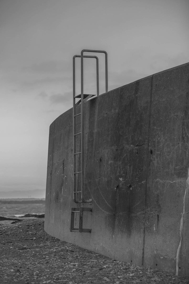 Photo of a large cement wall with a ladder attached to it, leading down to the ocean.