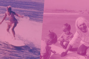 Side by side photos of Janet MacPherson surfing at a young age and her alongside her grandkids with a surfboard