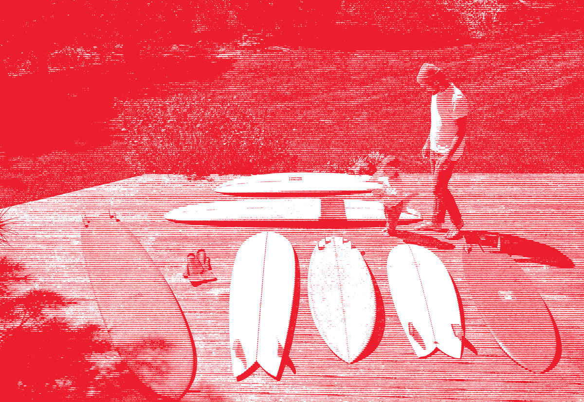 red halftone image of man with surfboards on deck