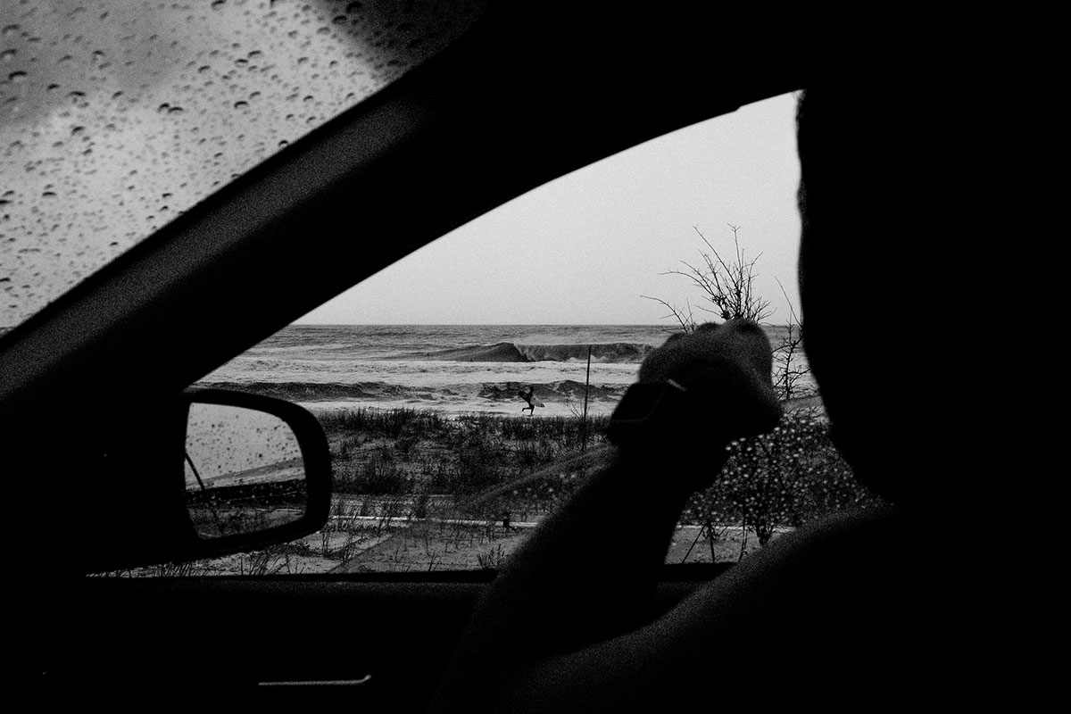 stormy coast through car window