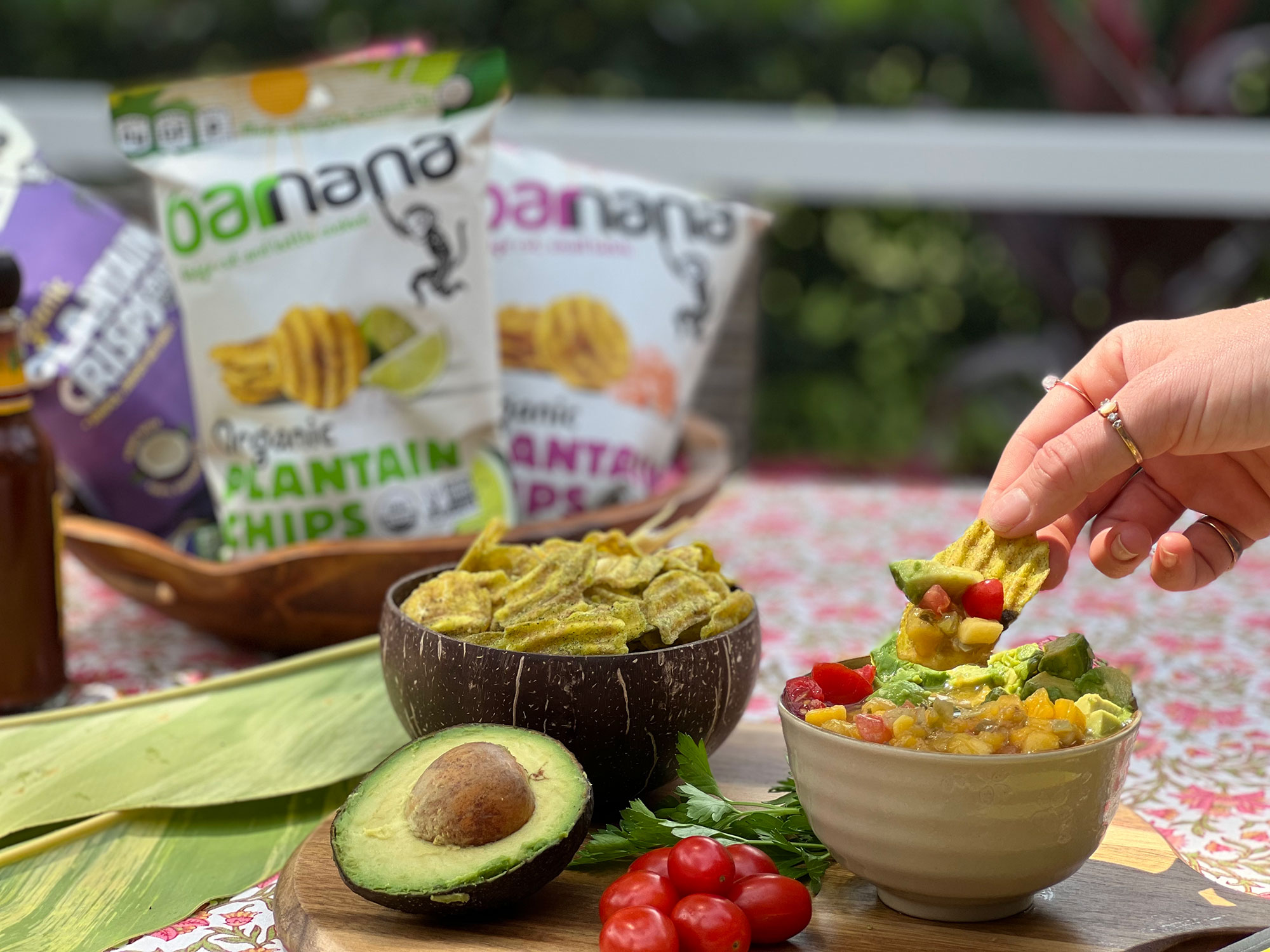 Barnana plantain chips with mango salsa and avocado