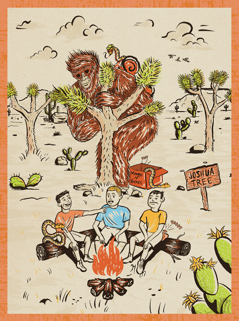 Illustration by Ryan May of yucca man in Joshua Tree National Park. Three man sit on logs around a fire. In the background are joshua trees and a large hairy figure wearing sunglasses. 