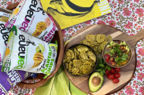 barnana plantain chips on table spread with salsa and avocado