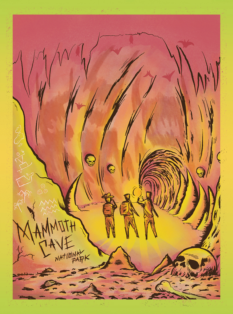 Illustrated by Ryan May of the haunted caves of Mammoth Cave National Park. Three figures walk deeper into a cavern. Skulls litter the ground and walls. 