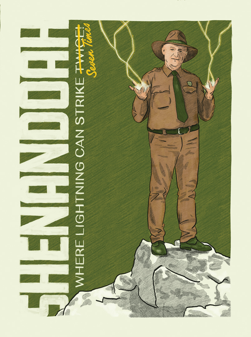 
Illustration by Austin Ellis of the Lightning Man. He's a man dressed in national park service clothing and standing on a rock. Lightening races down to his open hands.