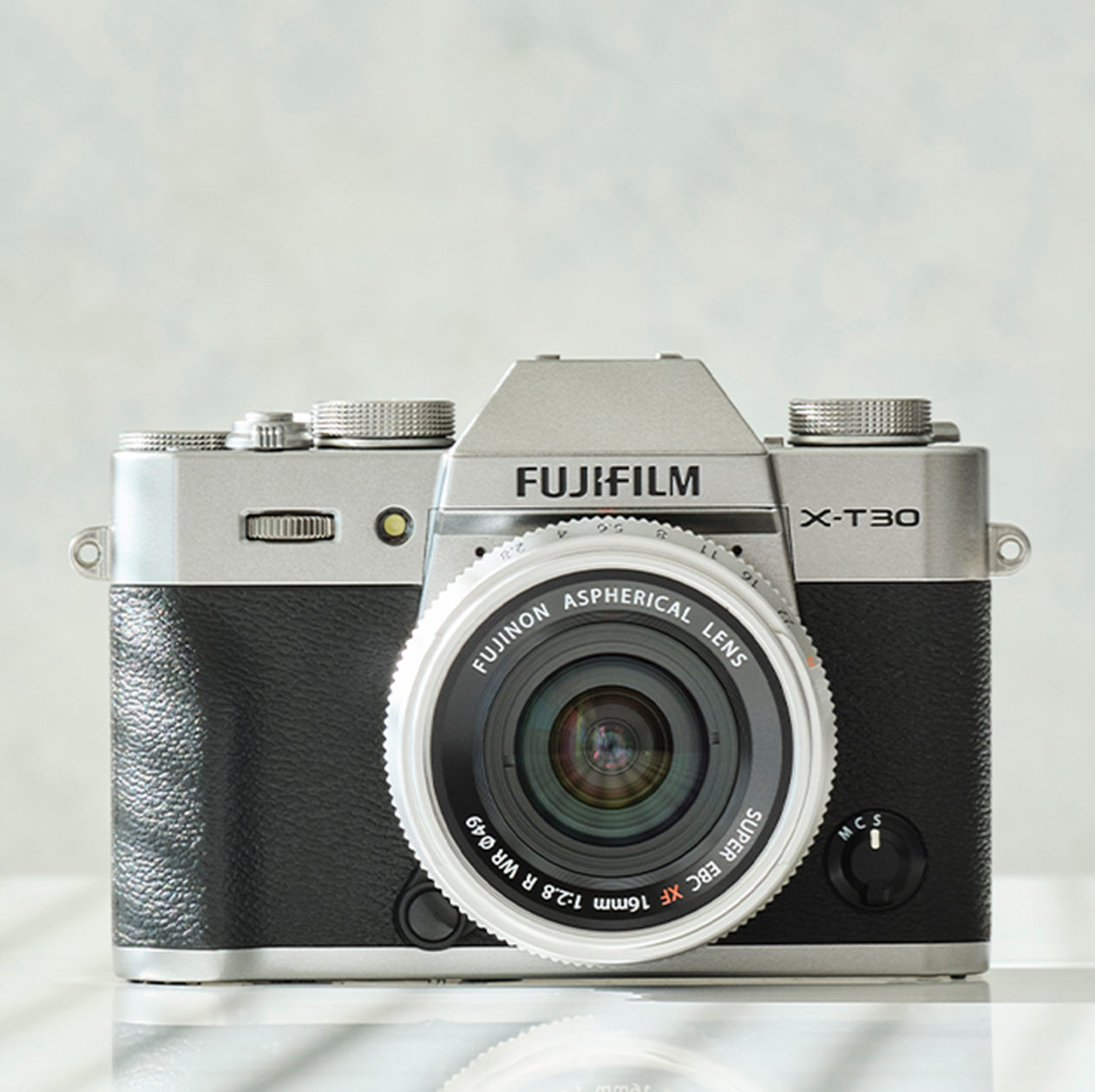 FujiFilm x-t30 camera with the lens facing the viewer