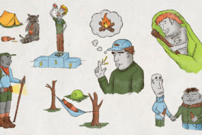 Collage of individual illustrations of dads on a camping trip. There are dads in sleeping bags, decked out with caping gear, holding beers, and even a raccoon.