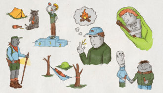 Collage of individual illustrations of dads on a camping trip. There are dads in sleeping bags, decked out with caping gear, holding beers, and even a raccoon.