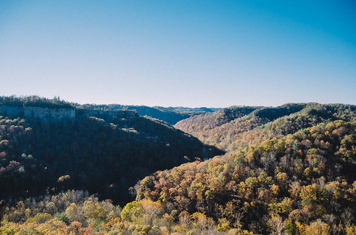 Looking out from the Chimney Top overlook in the in the Daniel Boone National Forest and the gorge is covered in fall foliage...looking more rolling hills that a gorge. 